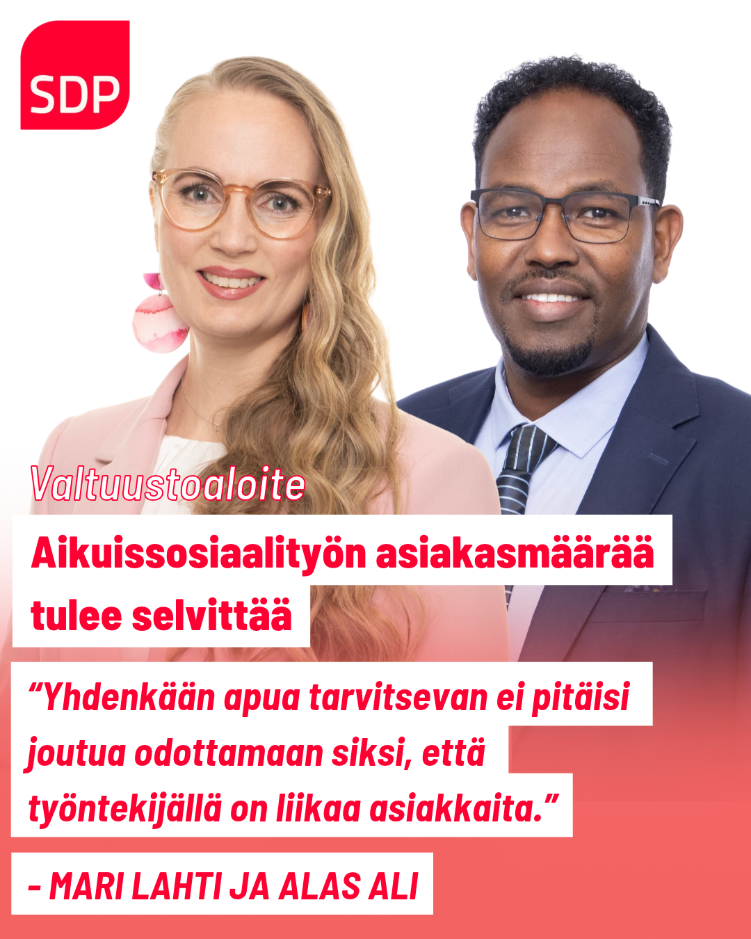 Mari Lahden ja Alas Alin aluevaltuustoaloite: Työikäisten sosiaalityön asiakasmäärien, alueellisen yhdenvertaisuuden jasosiaaliohjauksen riittävyyden selvittämisestä
