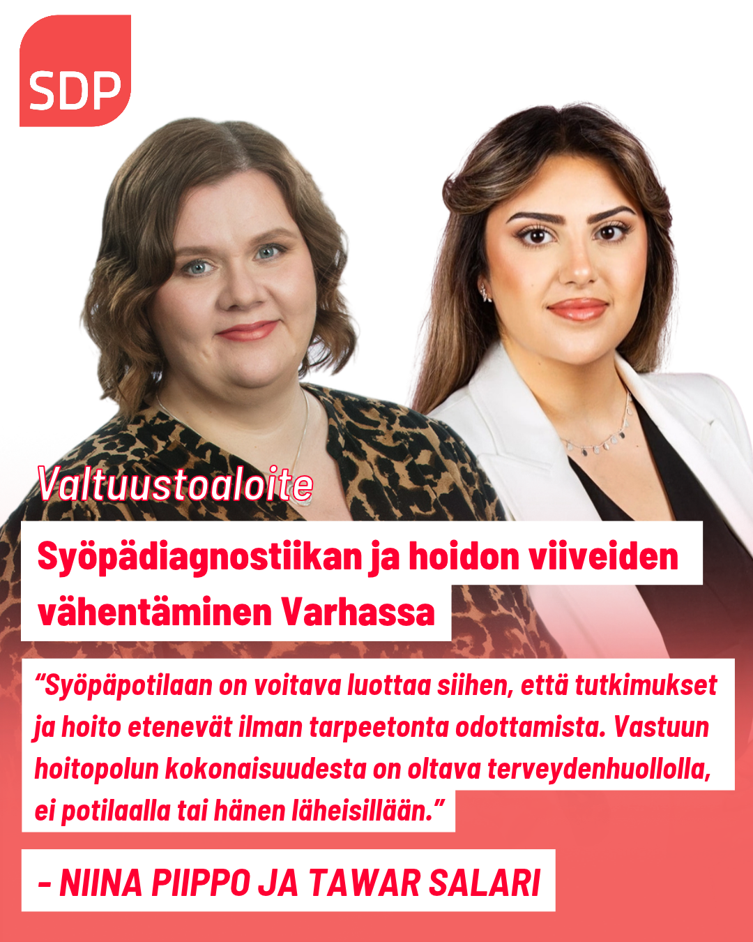Niina Piipon ja Tawar Salarin aluevaltuustoaloite: Syöpädiagnostiikan ja hoidon viiveiden vähentäminen Varhassa